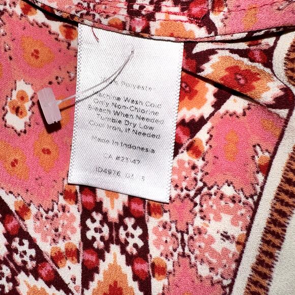 Talbots Womens Size Medium Pink White Geometric Boho Chiffon Long Sleeve Blouse - Picture 6 of 9